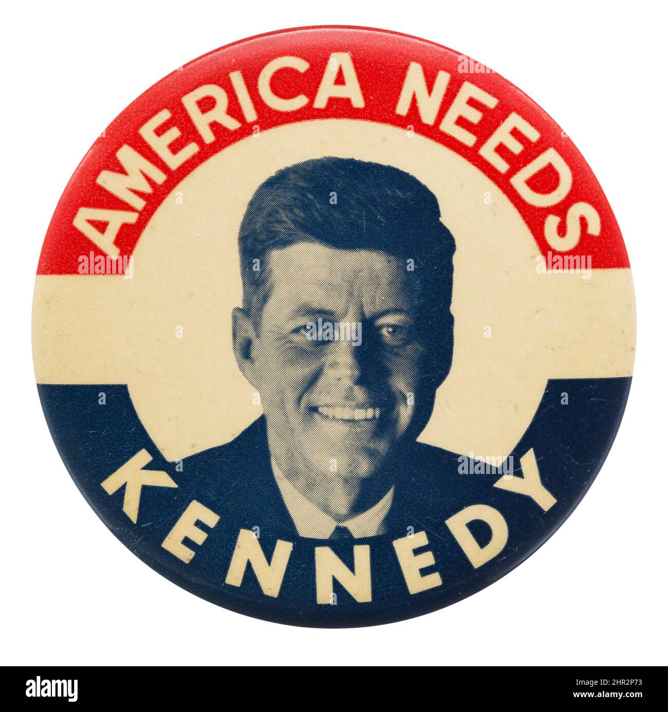 John F. Kennedy große lächelnde Porträt-Taste - Amerika braucht Kennedy. Wahl 1960s. Stockfoto