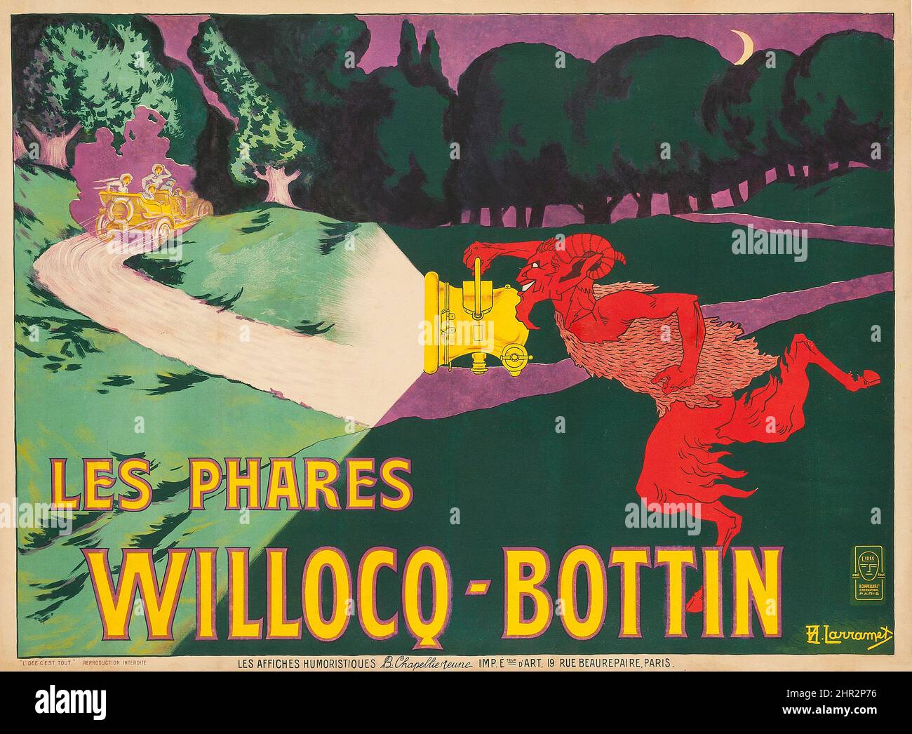 Großes europäisches Werbeplakat für Willocq-Bottin Les Phares (Scheinwerfer) aus dem frühen 20. Jahrhundert - klassisches Werbeplakat Stockfoto