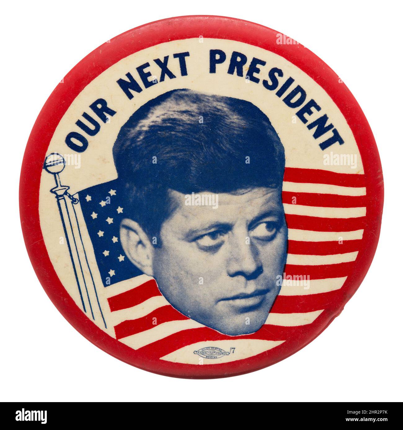 Auswahltaste feat. John F. Kenned. Großer „Schwebender Kopf“-Bildstift. 4-Zoll-Knopf mit Porträt von JFK. „Unser Nächster Präsident“. Stockfoto