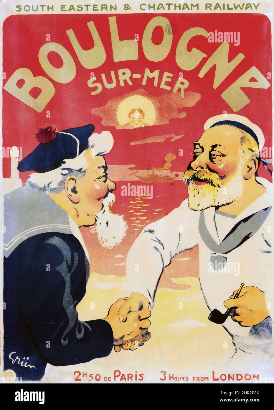 JULES ALEXANDRE GRÜN (1868-1934) Boulogne Sur-Mer - vintage Werbeplakat feat. Zwei Männer, die Hand schütteln. Belle-époque-Poster. 1906. Stockfoto