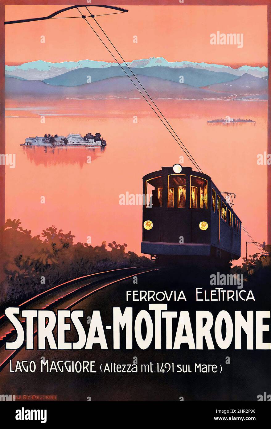 Anonymer Künstler. STRESA-MOTTARONE, LAGO MAGGIORE - Vintage-Werbeplakat für eine Seilbahn/Straßenbahn. Stockfoto