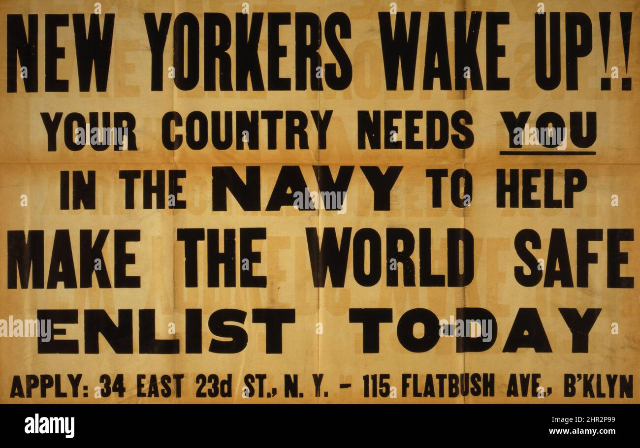 Die New Yorker wachen auf!! Ihr Land braucht Sie in der Marine, um die Welt heute sicher zu machen. WW1 Propaganda. Stockfoto