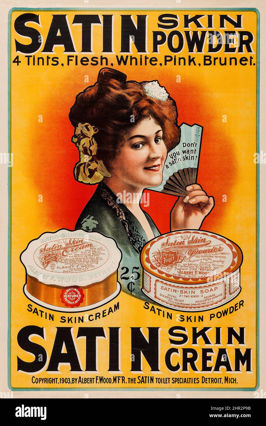 Satinhautpulver (Albert F. Wood, 1903). Werbung Poster für Make-up / Hautcreme. Stockfoto