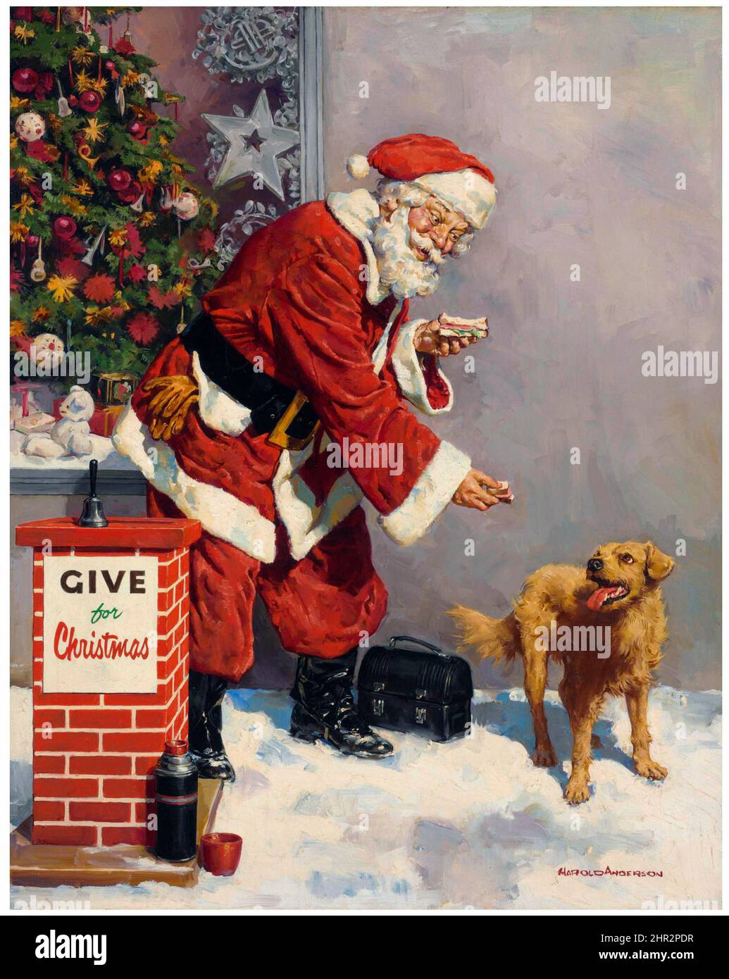 Schenken Sie Weihnachten. Vintage-Illustration. Der Weihnachtsmann füttert einen Hund. 1940/1950s. Stockfoto