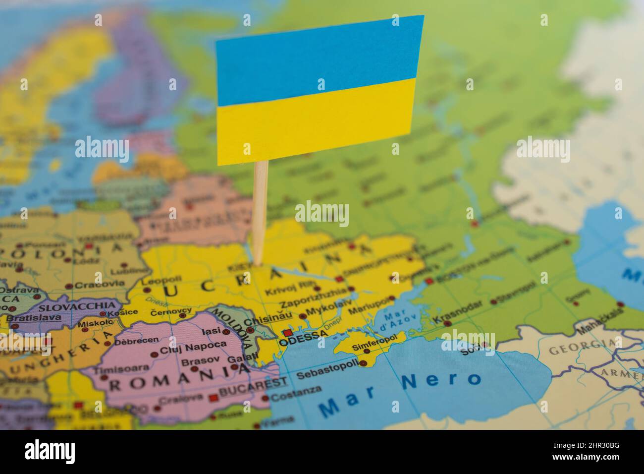 Karte der Ukraine mit Flagge. Kein Krieg. Frieden. Kiew. Souveränität Stockfoto
