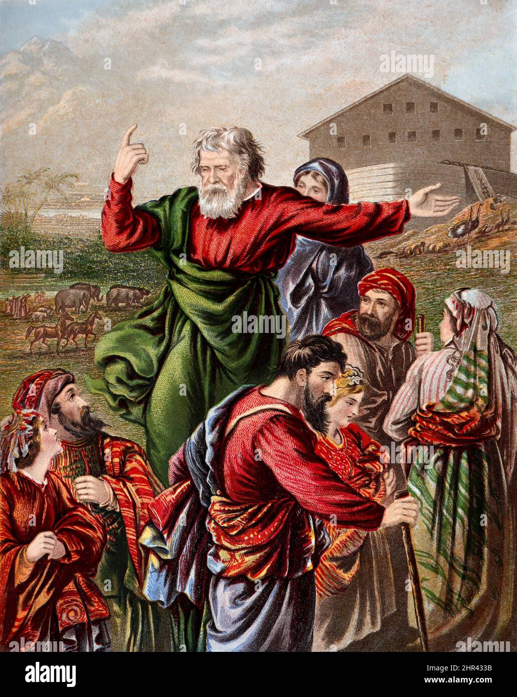 Bibelgeschichte – Illustration von Noah und seiner Familie, die sich auf den Eintritt in die Arche aus dem Alten Testament in Genesis vorbereiten Stockfoto