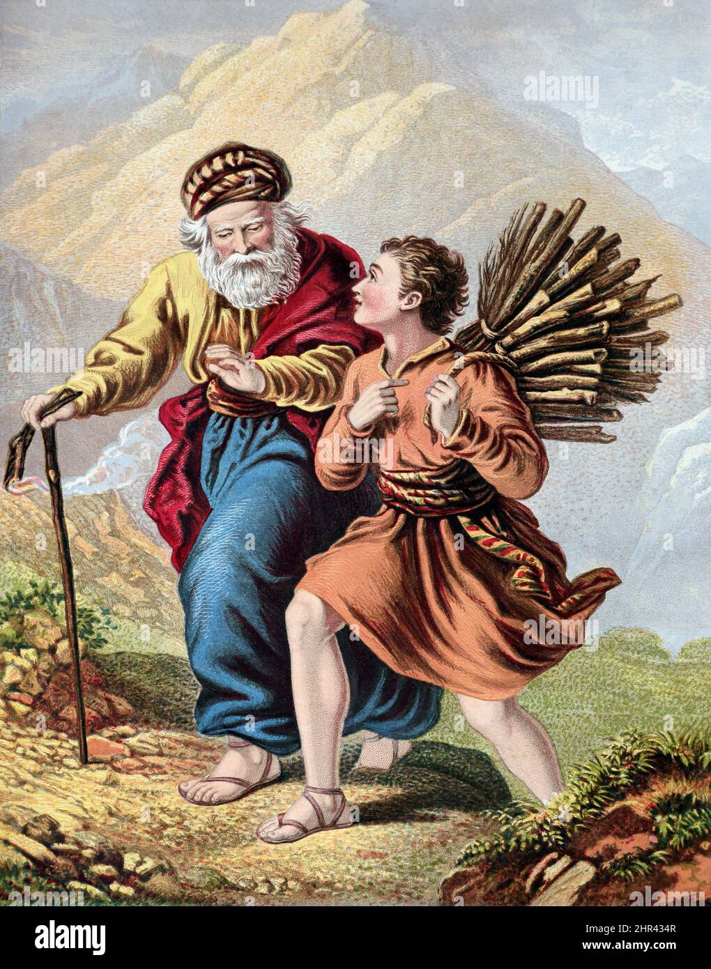 Bibelgeschichten - Illustration von Abraham mit Isaak, der den Wald für sein Opfer auf den Berg Moriah trägt Genesis XXII 1-19 Stockfoto