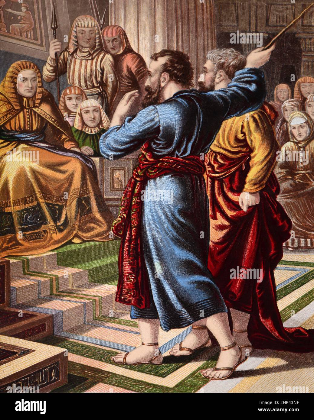 Bibelgeschichte - Illustration von Moses und Aaron vor Pharoah Aaron, der seinen Stab herunterwarf Exodus Stockfoto
