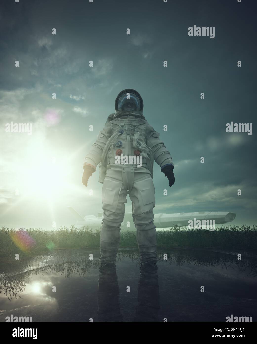 Frau Astronaut Post apokalyptische Extra-terrestrische Sci-Fi Fantasy Grassy Field Sun Lens Flare Raumschiff 3D Abbildung Rendern Stockfoto