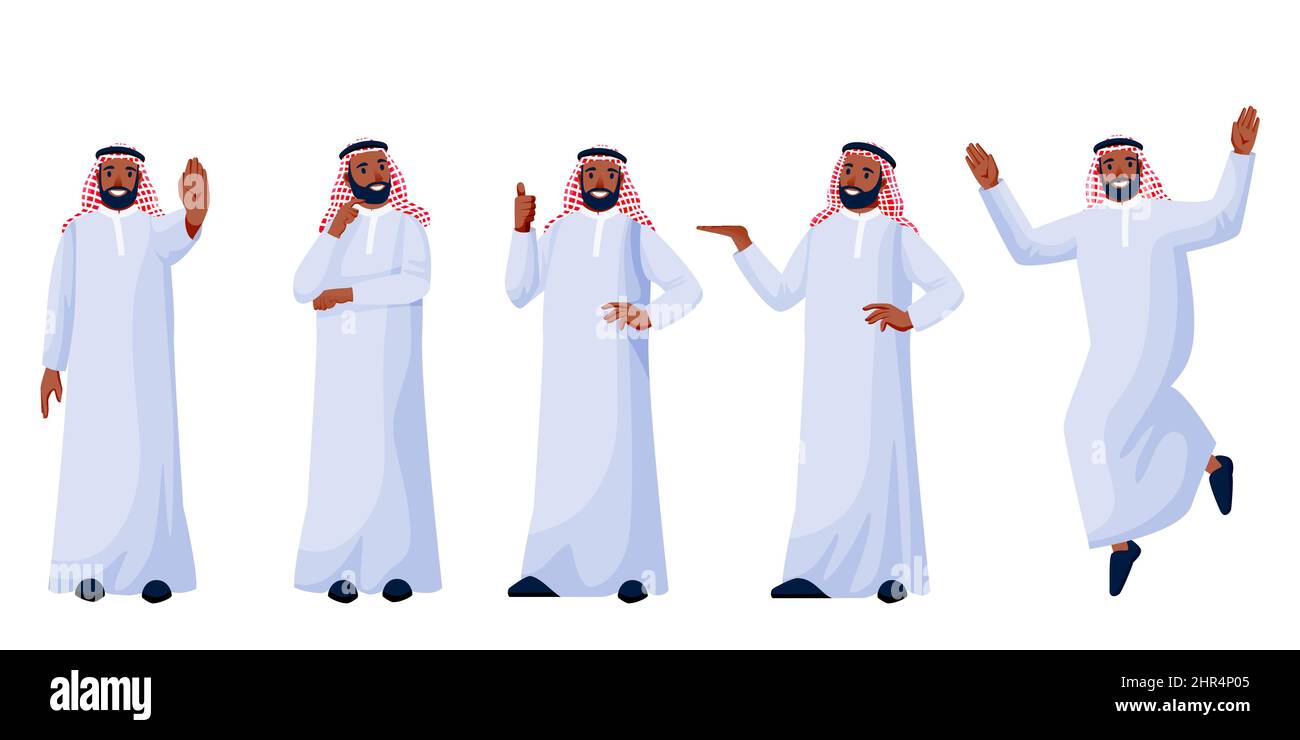 Arabische junge glückliche Männer in traditioneller Kleidung in verschiedenen Posen isoliert auf weißem Hintergrund. Arabisch muslimische männliche Schriftzeichen gesetzt. Vektor flache Cartoon i Stock Vektor