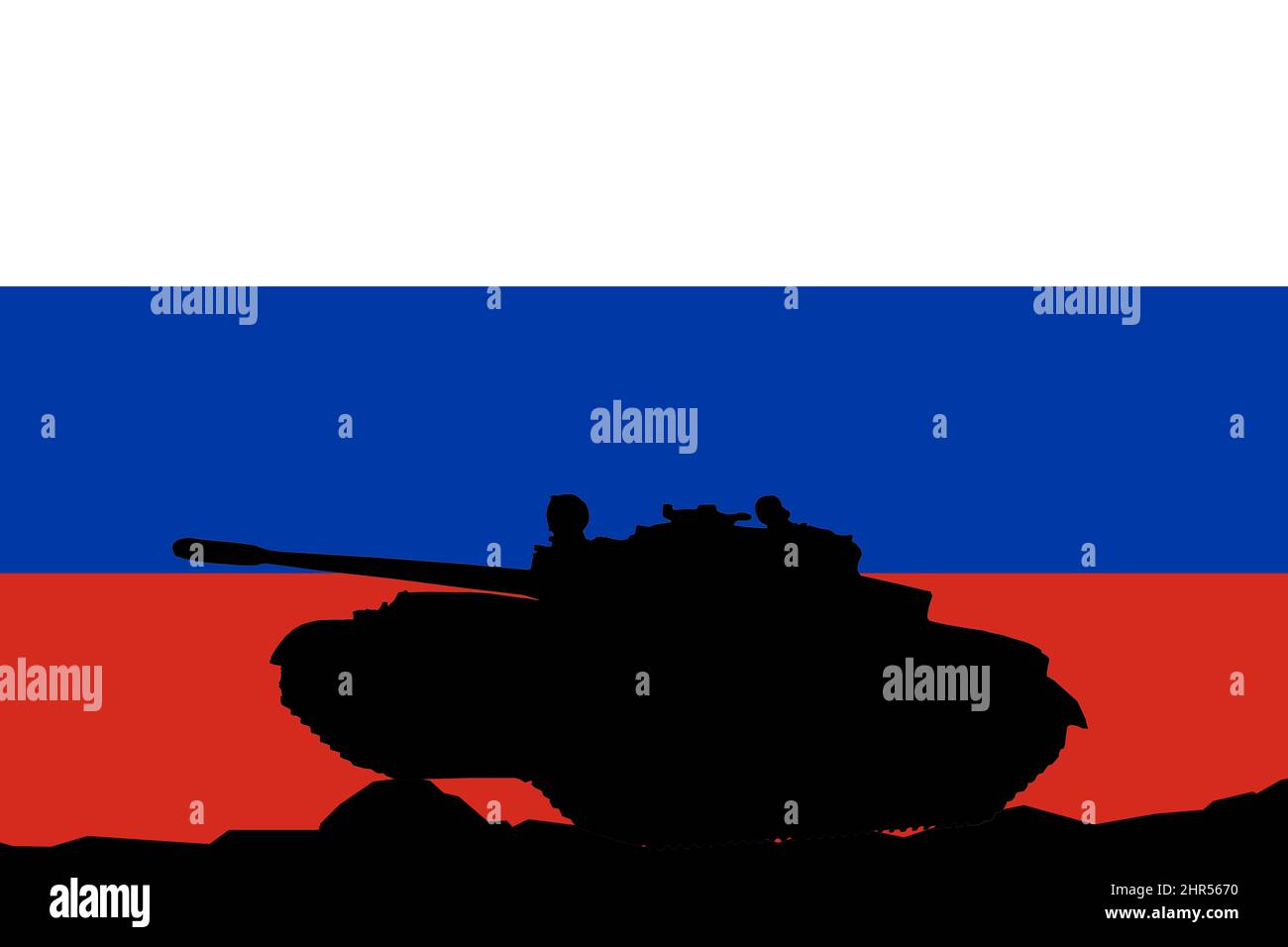 Militärischer Konflikt zwischen Russland und der Ukraine. Russische Flagge und russischer Panzer als Konzept. Stockfoto
