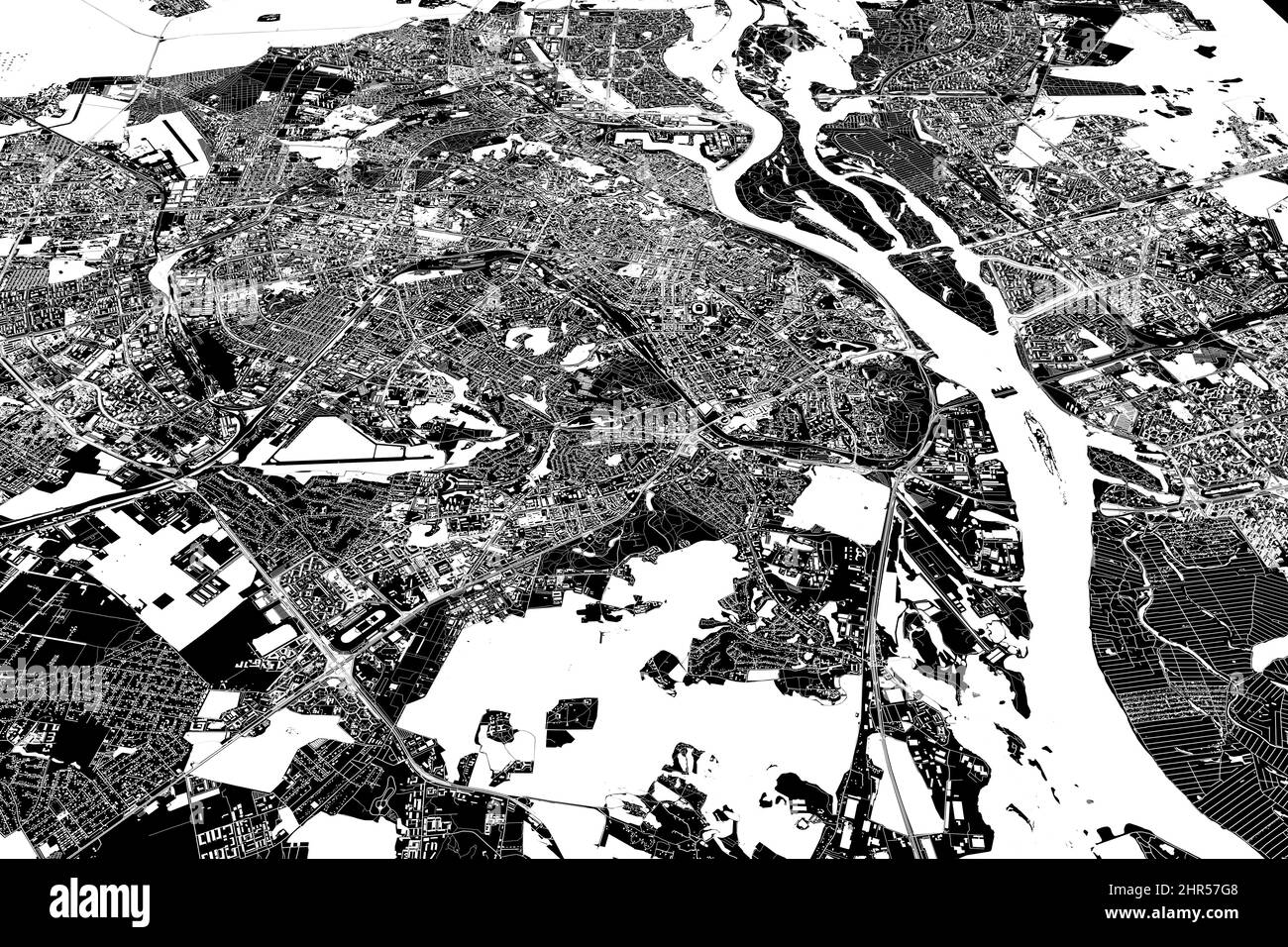 Karte der Hauptstadt der Ukraine, Kiew. Gebäude und Stadtzentrum. Luftaufnahme. Straßen und Kommunikationswege. 3D Rendern. Zugänge zur Stadt Stockfoto