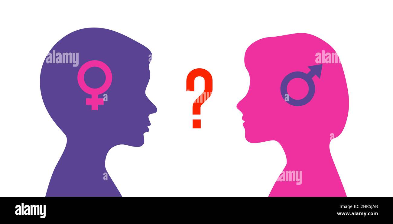 Problem der Geschlechterwahl für den Menschen in der modernen Gesellschaft. Silhouette Profil Junge und Mädchen. Multikulturelle Gesellschaft mit unterschiedlichen Geschlechtern. Freundschaft und Beziehung Stock Vektor