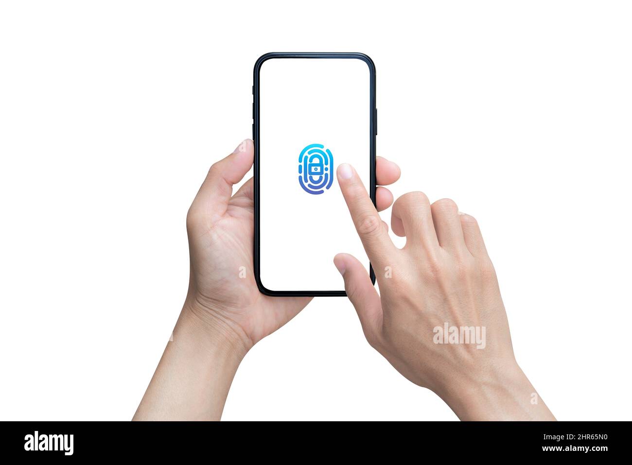 Hand hält Smartphone und Hand berühren Telefon mit leerem Bildschirm isoliert auf weißem Hintergrund. Berühren Sie das Smartphone mit dem Finger, um den Bildschirm zu entsperren. Stockfoto