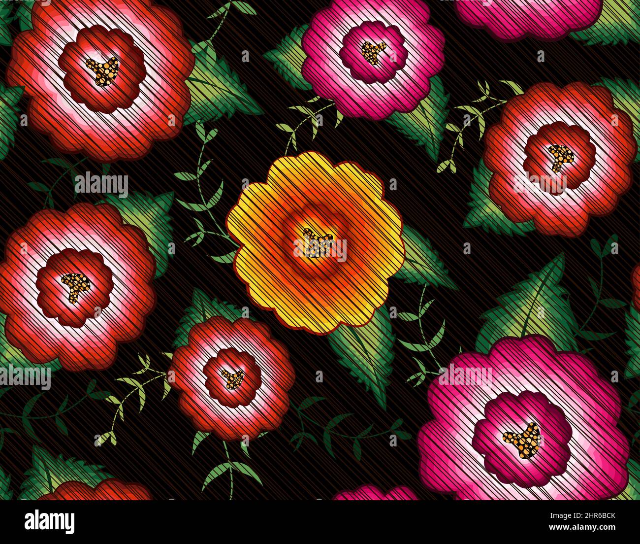 Nahtloses mexikanisches Blumenstickmuster, farbenfrohe einheimische Blumen, folkloristische Mode. Bestickte traditionelle Textil-Stil von Mexiko, Vektor Stock Vektor