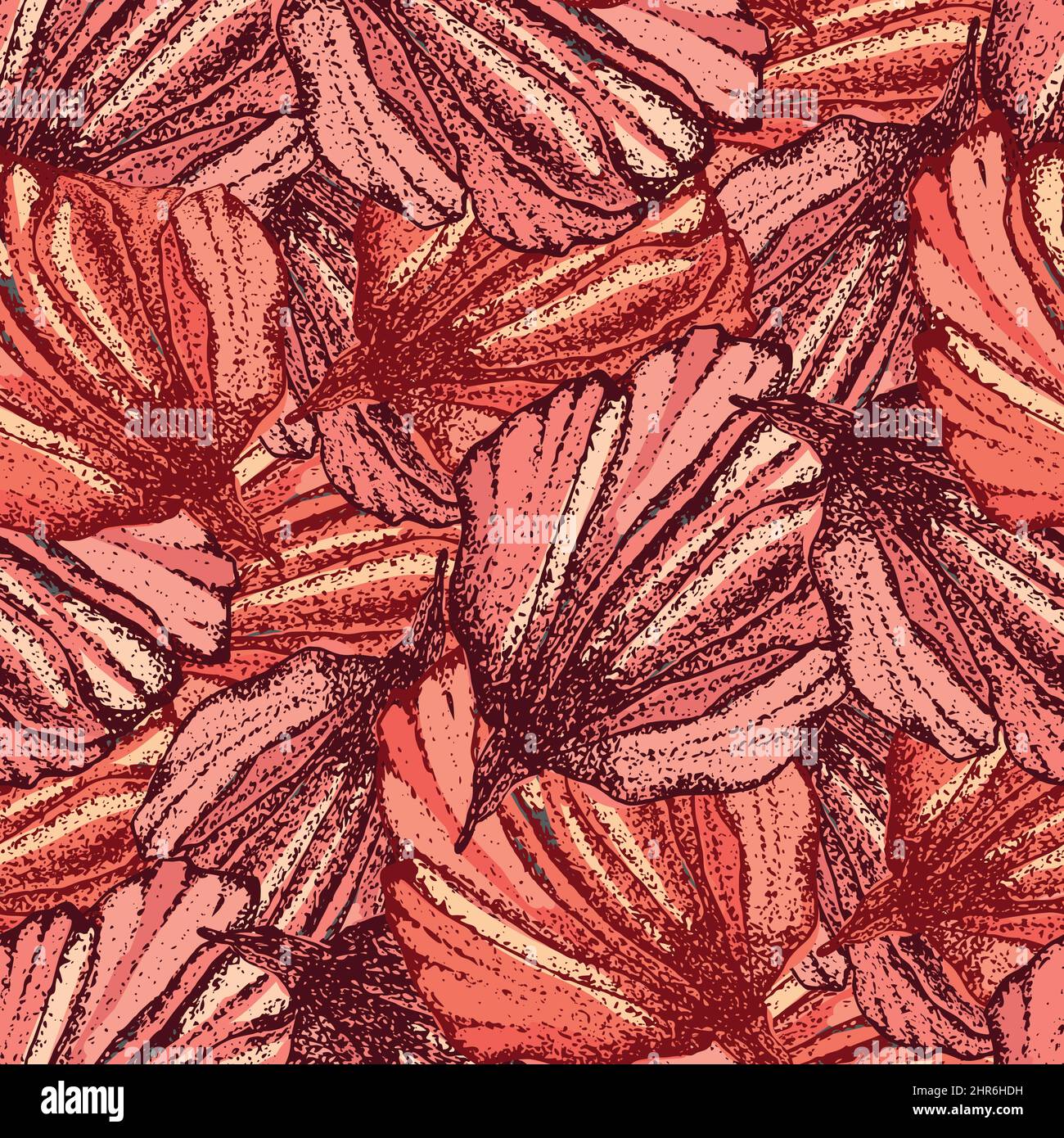 Wild Wiese Blume Blütenblatt nahtlose Vektor-Muster Hintergrund. Struktureller monochromer Hintergrund mit rosafarbenen Farben und illustrativ gezeichneten Blumen Stock Vektor