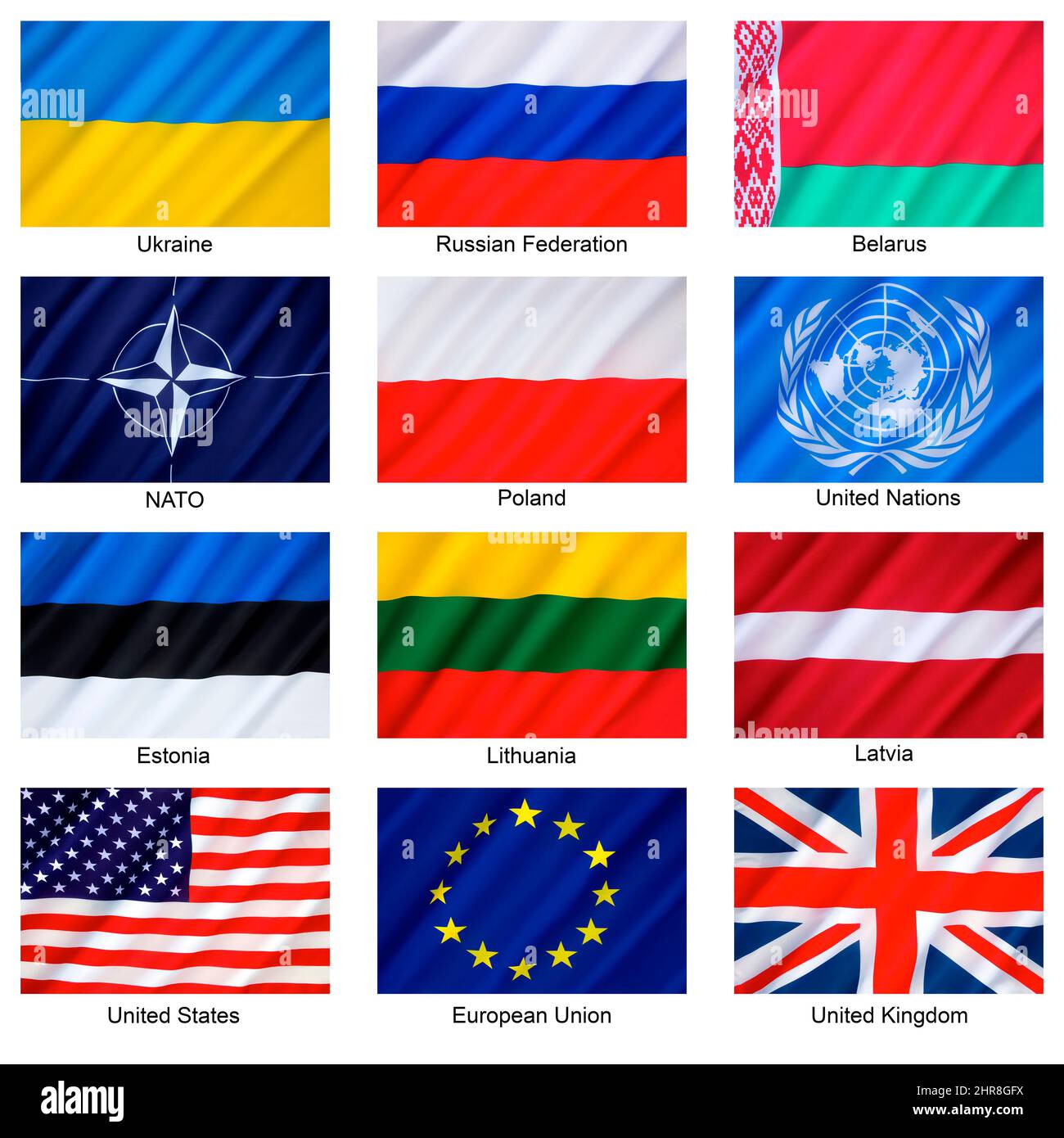 Russische Föderation - Ukraine-Konflikt - Flaggen der beteiligten Länder, der ehemaligen Sowjetstaaten, der UNO, der NATO und der wichtigsten westlichen Nationen - der CO Stockfoto