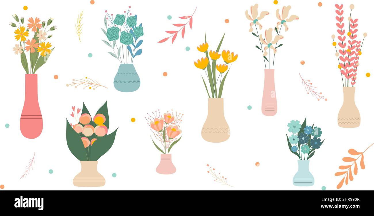 Set von wilden und Garten blühenden Blumen in Vasen Hintergrund. Bundle von Blumensträußen. Set mit dekorativen floralen Designelementen. Flache Cartoon-Vektor illustrr Stock Vektor