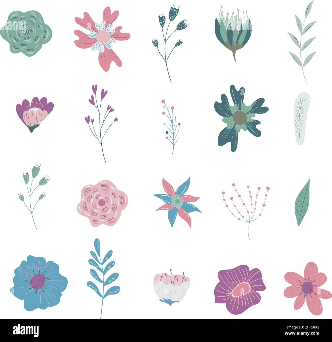 Set von Blumen und Blättern isoliert auf weißem Hintergrund Stock Vektor