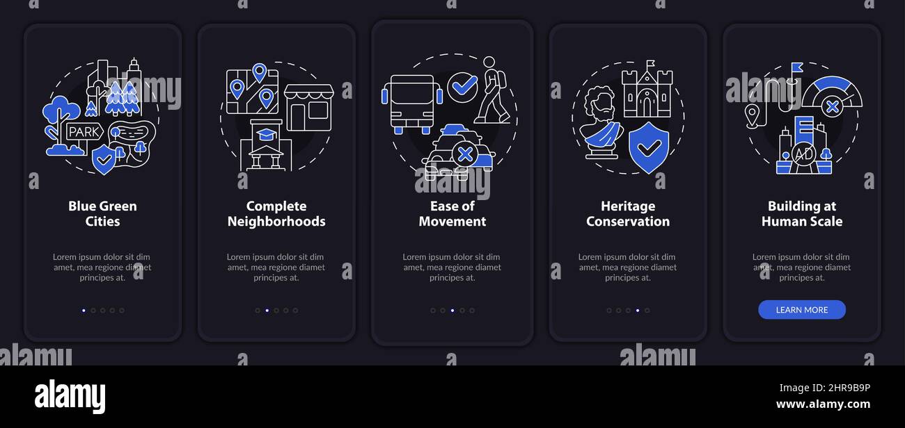 Urban Design Prinzipien Nachtmodus Onboarding mobile App Bildschirm Stock Vektor