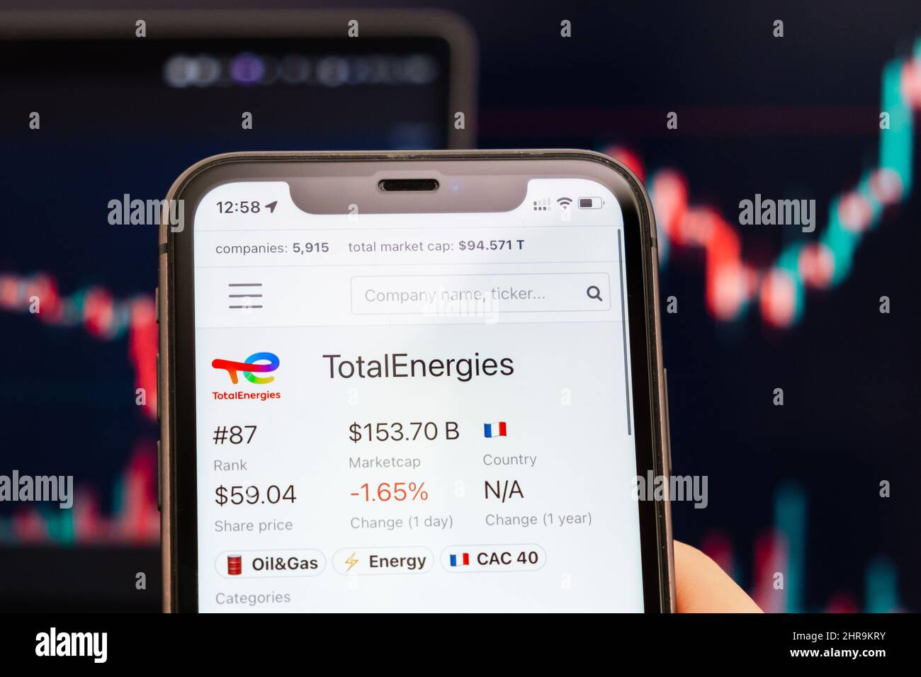 TotalEnergies Aktienkurs auf dem Bildschirm des Handys in mans Hand mit wechselnden Börsen mit Trading Candlestick Graph Analyse, Februar 2022, San Francisco, USA Stockfoto