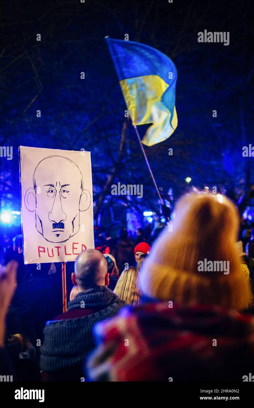 Ukrainische Flagge und ein Plakat mit einer Karikatur von Wladimir Putin, das als Adolf Hitler dargestellt und während der Demonstration mit der Beschriftung „Putler“ versehen wurde. Nach dem Beginn der russischen Invasion in der Ukraine protestierten Mitglieder der ukrainischen Gemeinschaft sowie unterstützende Polen und Belarussen in der Nähe der diplomatischen Vertretungen der Russischen Föderation, um ihre Opposition gegen die russische militärische Aggression zum Ausdruck zu bringen. In Krakau, wo die ukrainische Einwanderung besonders zahlreich ist, versammelten sich mehrere tausend Menschen vor dem russischen Konsulat. Stockfoto