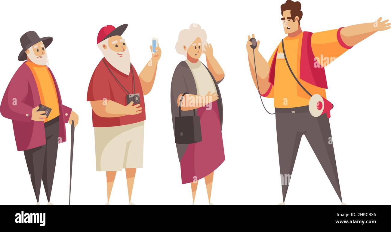 Guide Exkursion Zusammensetzung mit Gruppe von älteren Touristen mit männlichen Charakter der jungen Führer Vektor-Illustration Stock Vektor
