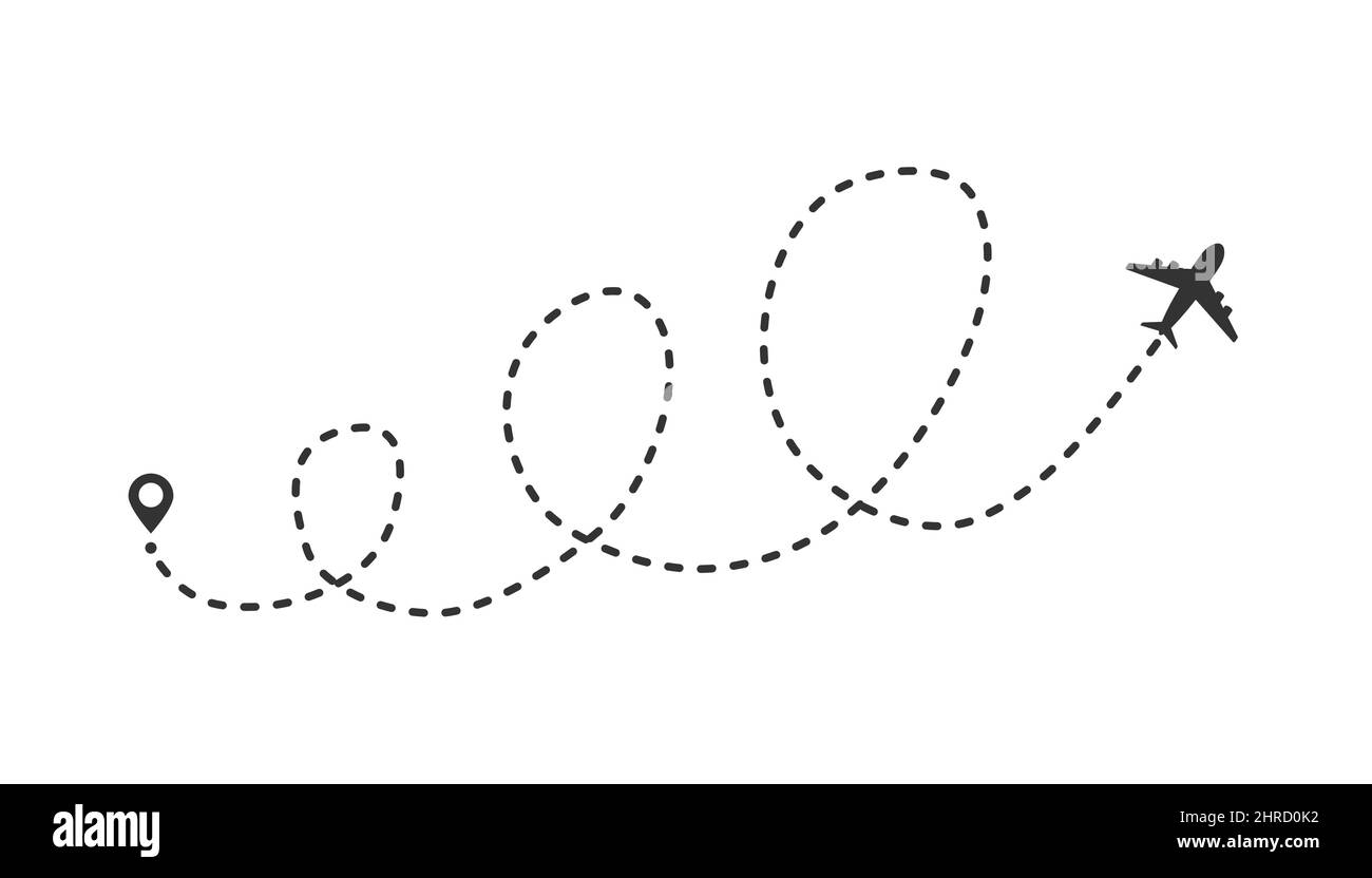 Flugzeug-Symbol und seine Spur mit Geotag auf Startpunkt Vektorgrafik auf weißem Hintergrund Stock Vektor