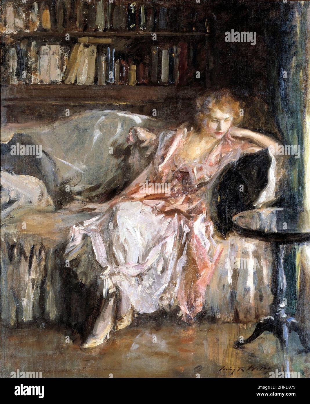 Her Leisure Hour von Irving Ramsey Wiles (1861-1948), Öl auf Leinwand, c. 1925 Stockfoto