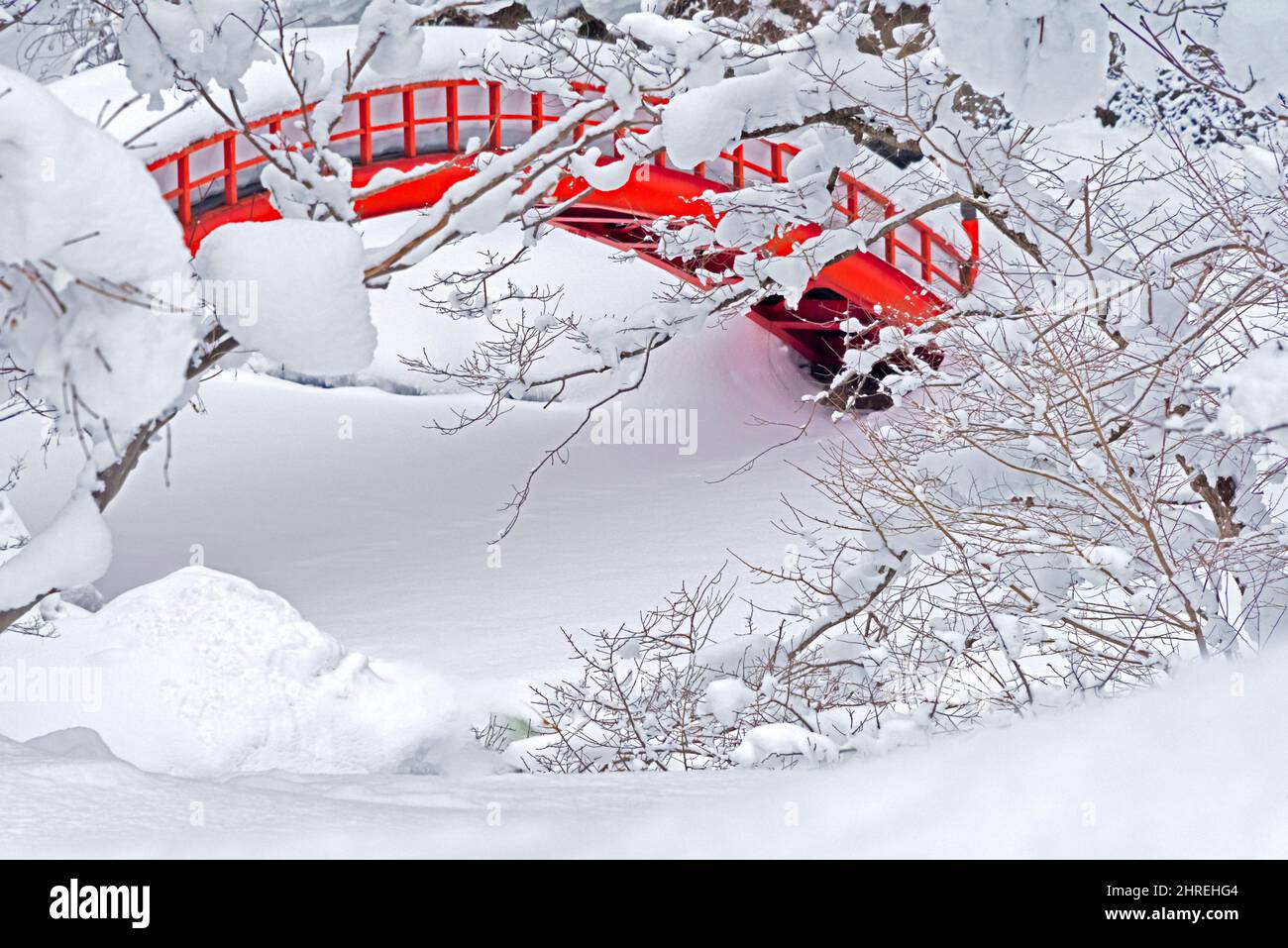 Eine rote Brücke, die im Schnee im Wald vergraben ist, Yokote, Präfektur Akita, Japan Stockfoto