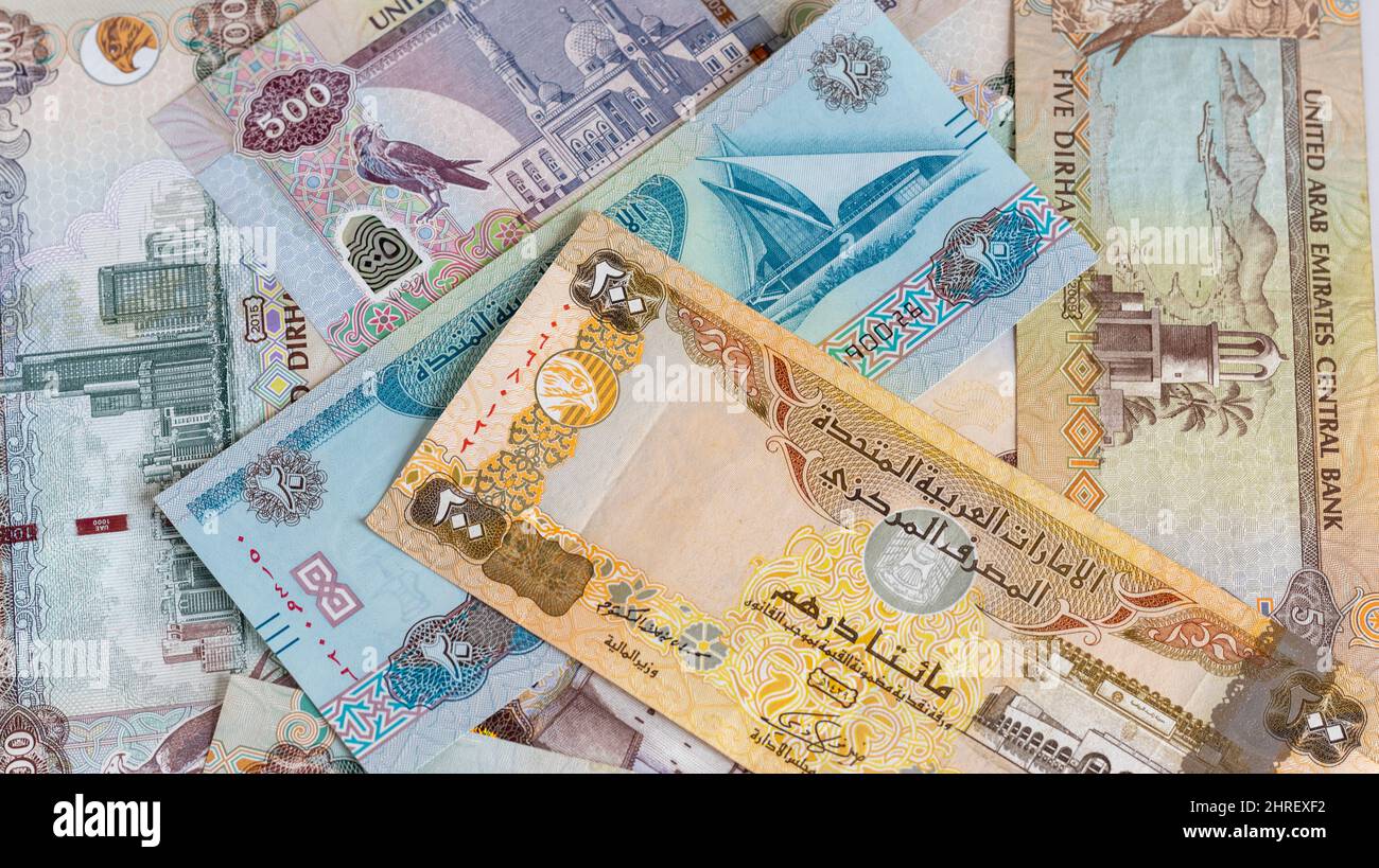 Emirati Dirham Banknoten verschiedener Stückelungen Stockfoto