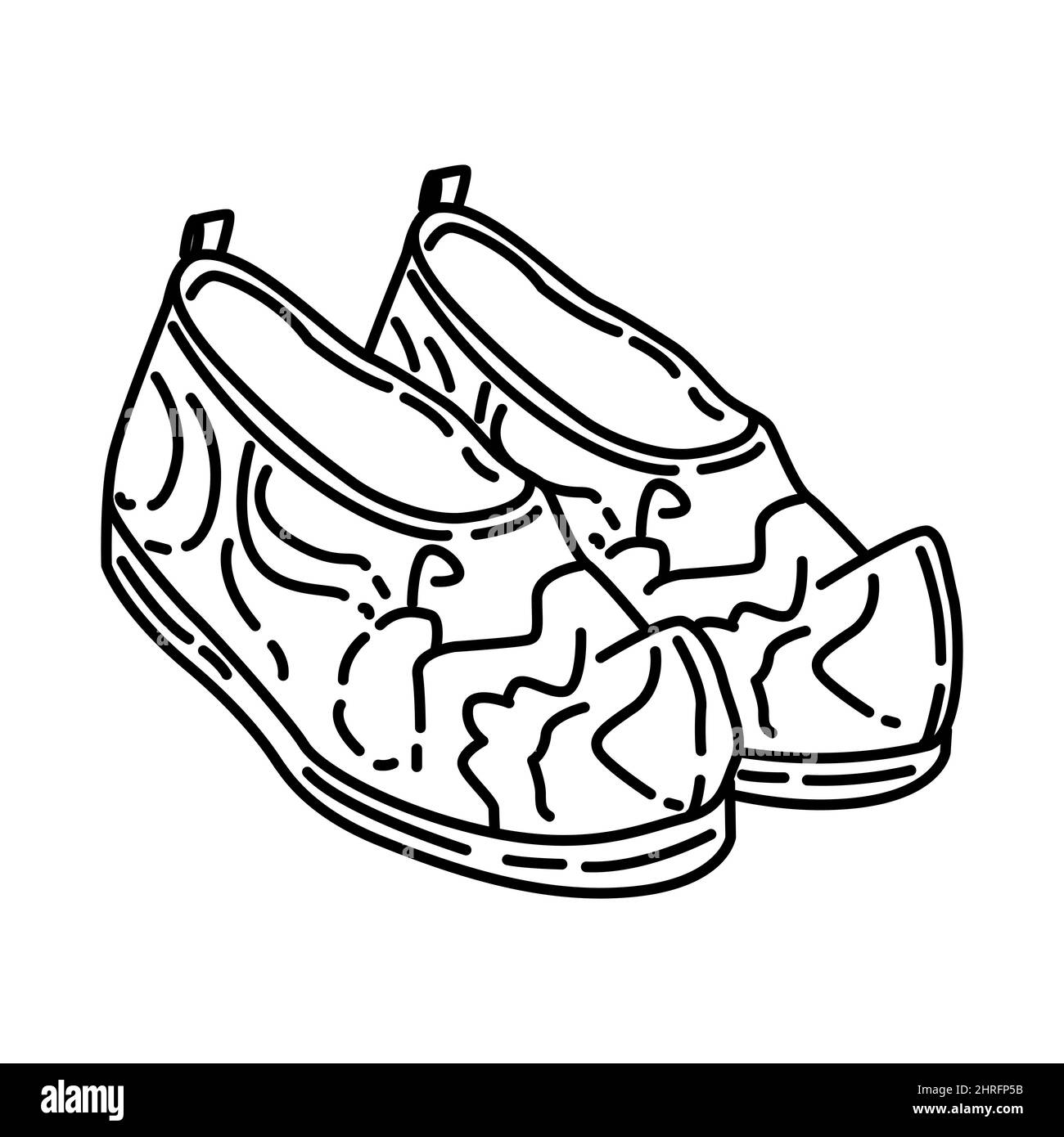 Alte chinesische handgefertigte Hochzeitsschuhe Teil der chinesischen Neujahrszubehör und Feng Shui Symbole handgezeichnete Symbol-Set Vektor. Stock Vektor