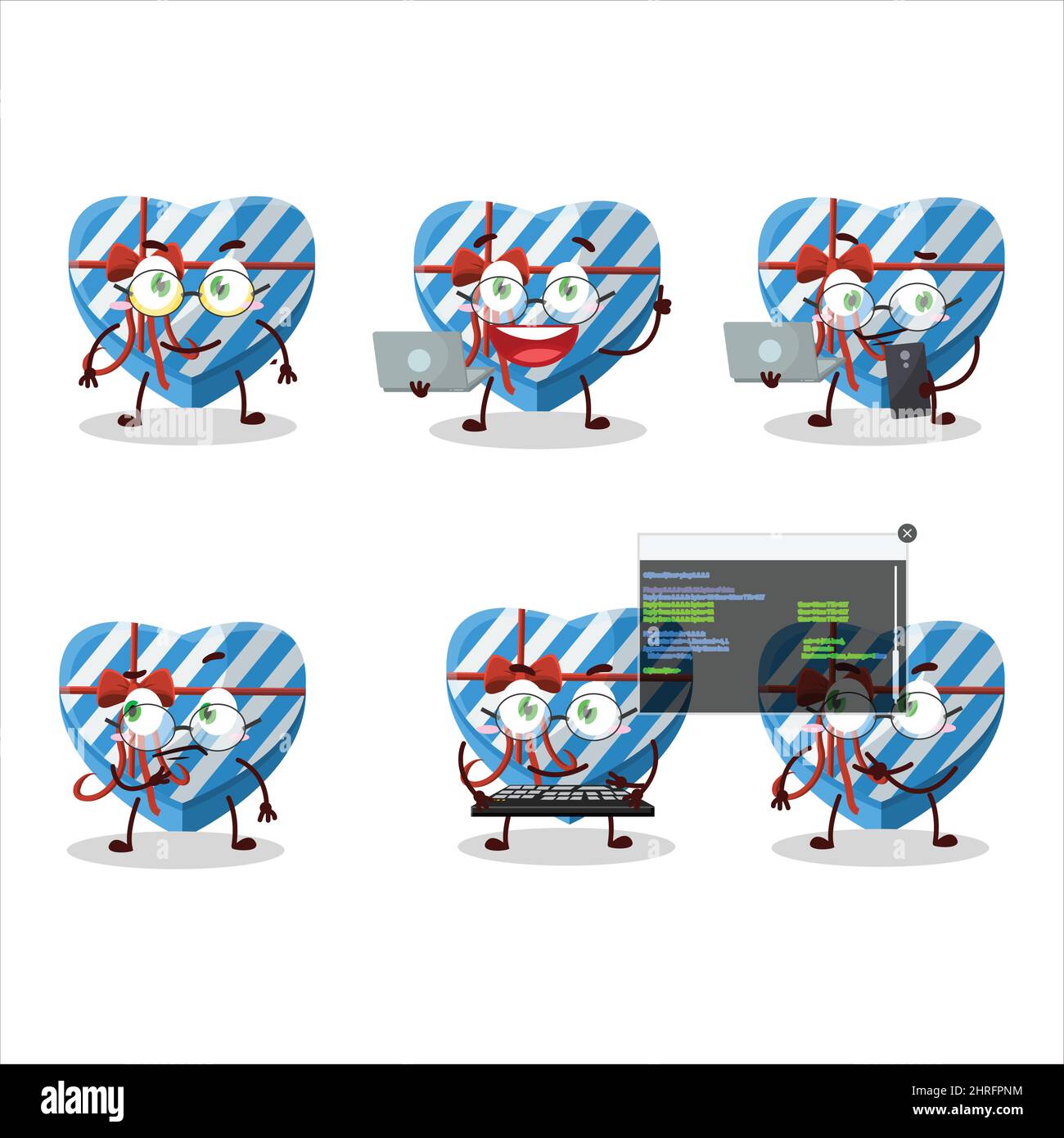 Blaue Liebe Geschenkbox Programmierer niedlichen Zeichentrickfigur mit Stock Vektor