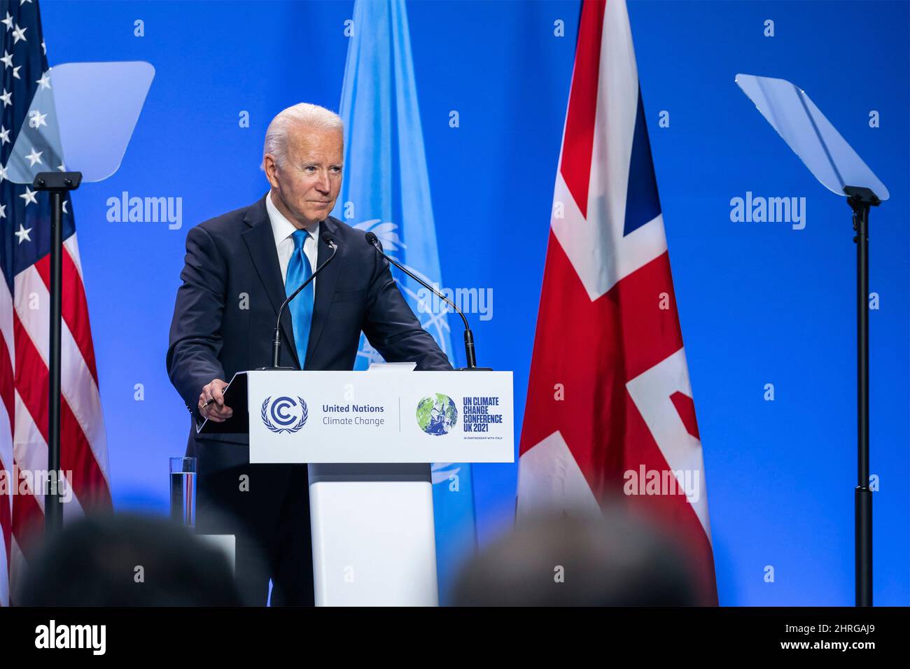 US-Präsident Joe Biden, während einer Pressekonferenz nach der UN-Klimakonferenz COP26 auf dem Scottish Event Campus, 2. November 2021 in Glasgow, Schottland. Stockfoto