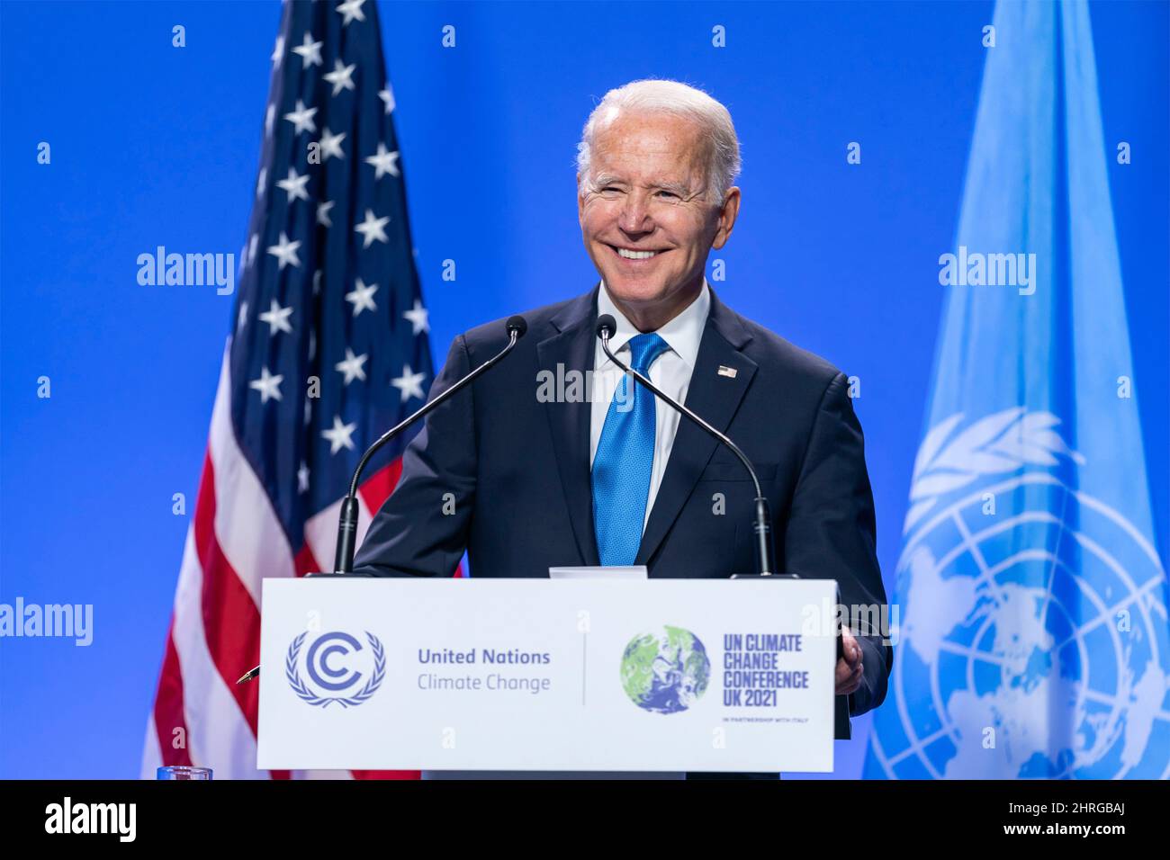 US-Präsident Joe Biden, während einer Pressekonferenz nach der UN-Klimakonferenz COP26 auf dem Scottish Event Campus, 2. November 2021 in Glasgow, Schottland. Stockfoto