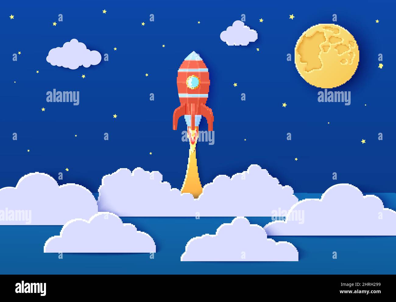 Roter Raketenstart im Weltraum in Papierschnitt-Stil. Galaxy Landschaft 3D Handwerk Hintergrund. Karton Ausschnitt Mondplanet wolkige Landschaft. Vector Kinderkarte Stock Vektor
