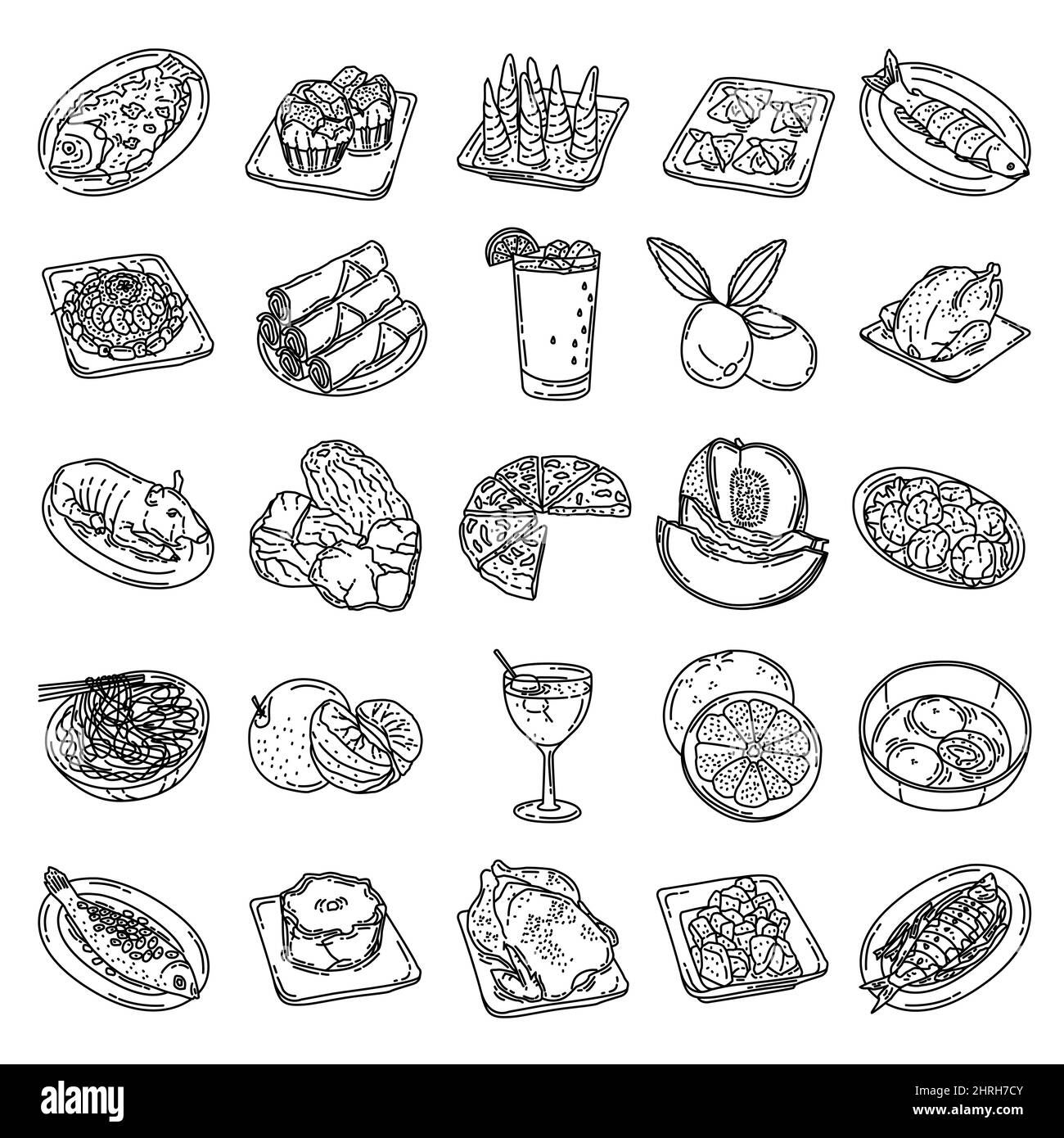 Chinesisches Neujahr Traditionelles Essen, Obst und Getränke Handgezeichnetes Set Icon Vektor. Stock Vektor