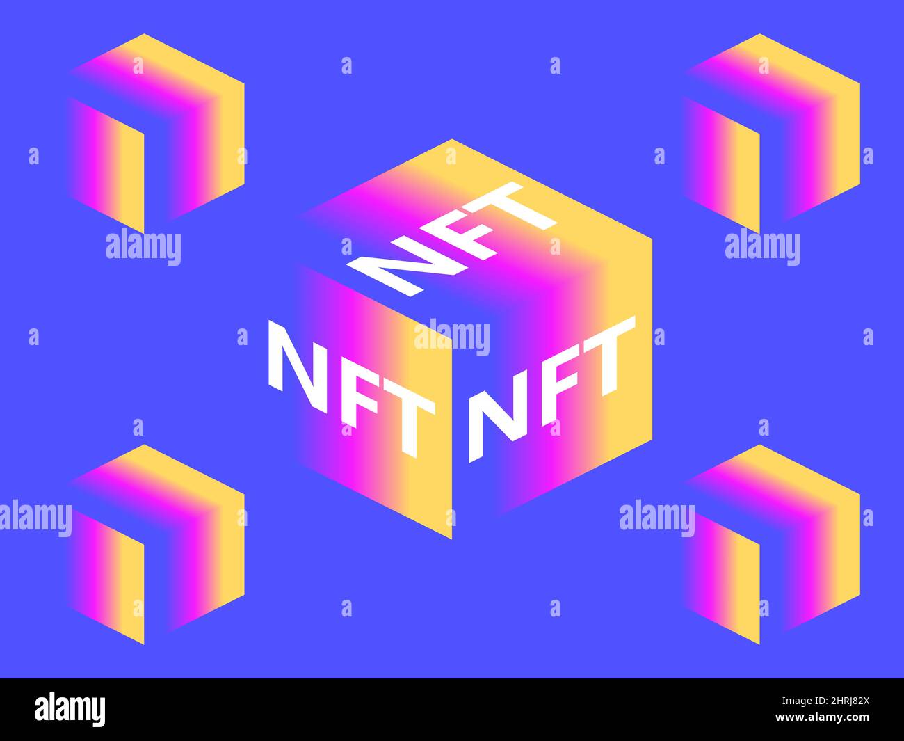 NFT Token Cube mit blauem und gelbem Farbverlauf. Nicht fungibler NFT-Token. Isometrischer Würfel. Digitale Kunst in der Blockchain-Technologie. Vektorgrafik Stock Vektor