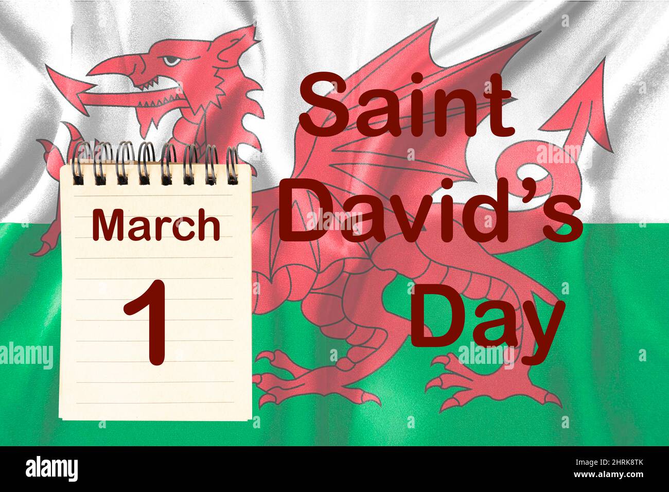 Die Feier des Tages des heiligen Davids mit der Flagge und dem Kalender, der den 1. März anzeigt Stockfoto