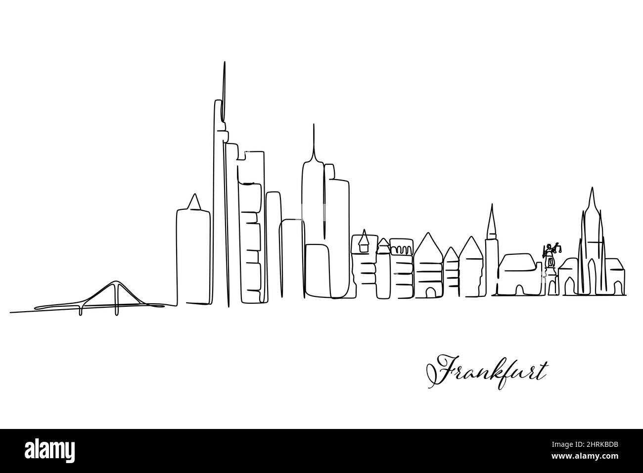 Eine durchgehende Linienzeichnung der Frankfurter Skyline, Deutschland. Berühmte Wolkenkratzerlandschaft. Welt reisen Wand Dekor Home Kunst Poster Print Konzept. Stockfoto