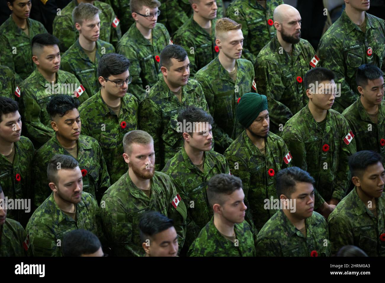 Mitglieder des Royal Westminster Regiment hören am Montag, den 11. November 2019, während einer Gedenkfeiertag-Zeremonie in New Westminster, B.C. zu. DIE KANADISCHE PRESSE/Darryl Dyck Stockfoto