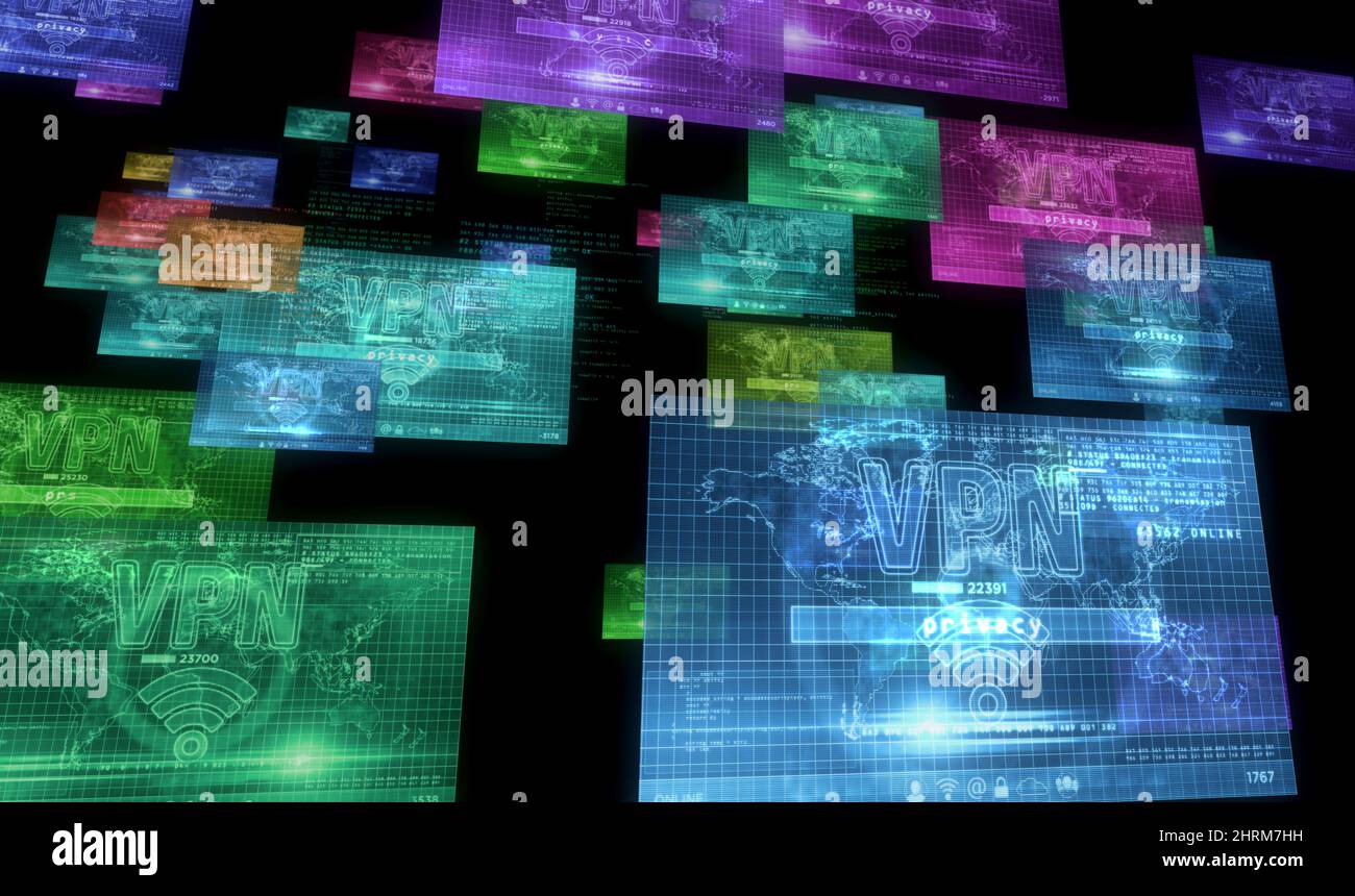 VPN auf dem Computerbildschirm. VPN, virtuelles privates Netzwerk und verschlüsselter Verbindungstunnel Abstract Concept 3D Illustration. Stockfoto