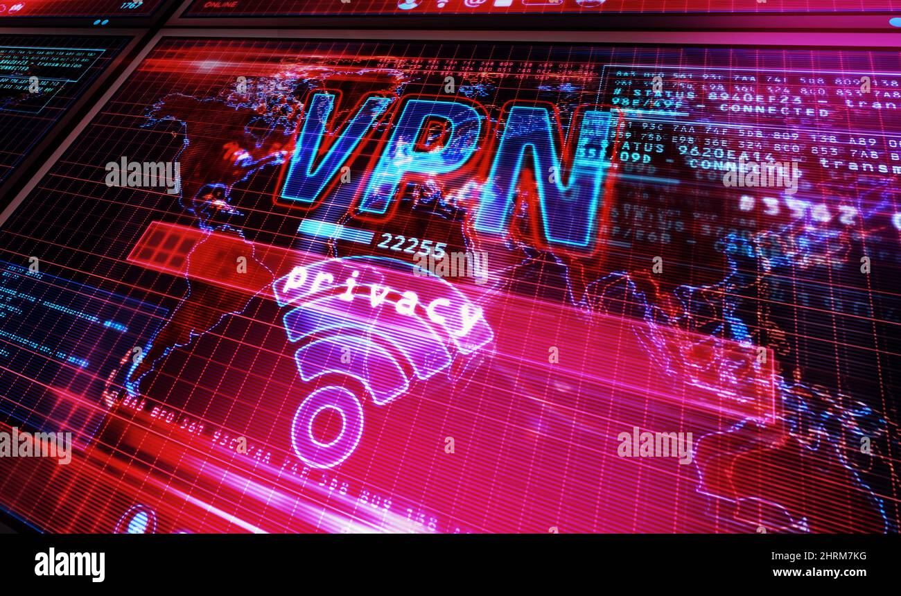 VPN auf dem Computerbildschirm. VPN, virtuelles privates Netzwerk und verschlüsselter Verbindungstunnel Abstract Concept 3D Illustration. Stockfoto