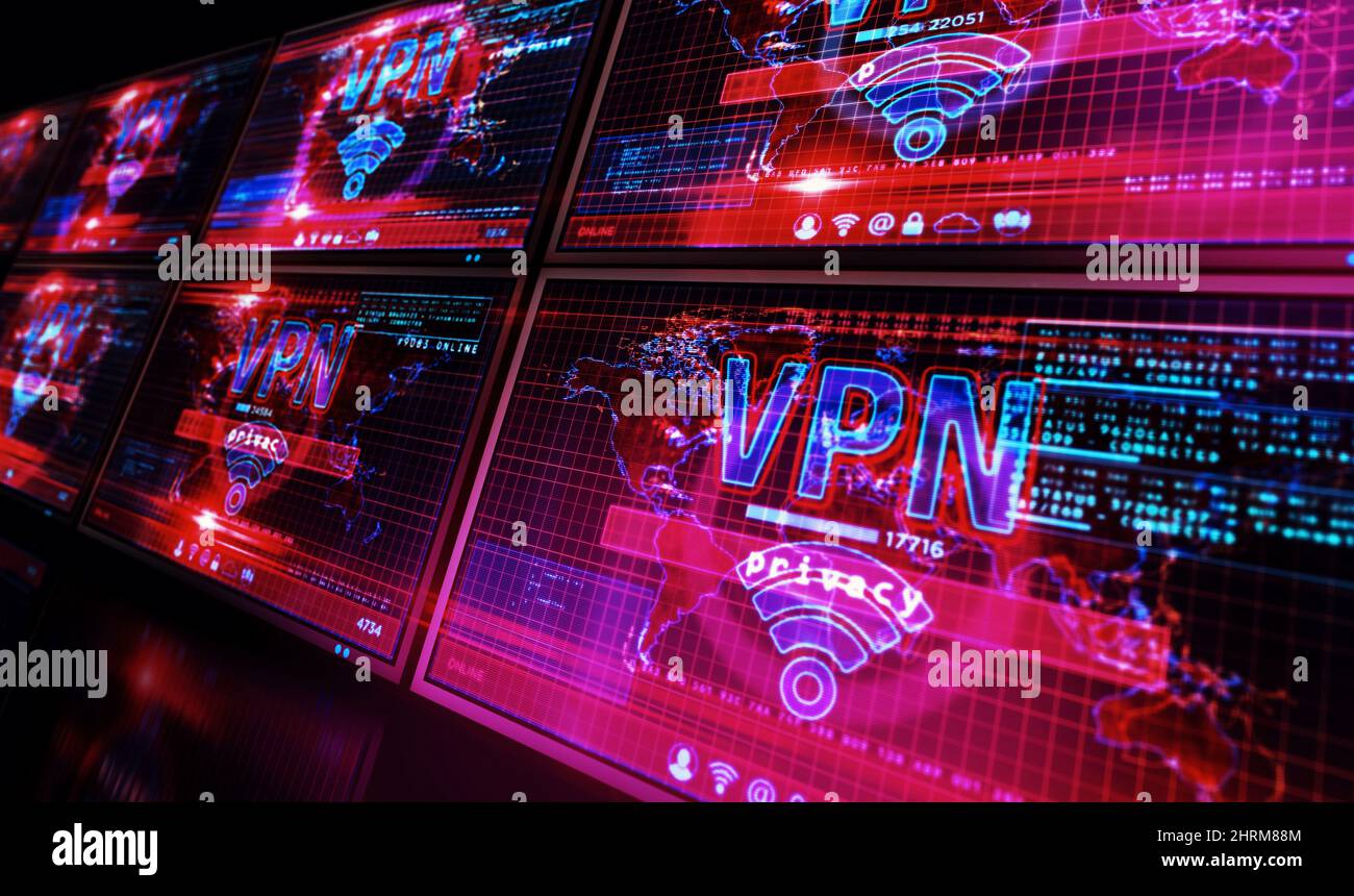 VPN auf dem Computerbildschirm. VPN, virtuelles privates Netzwerk und verschlüsselter Verbindungstunnel Abstract Concept 3D Illustration. Stockfoto