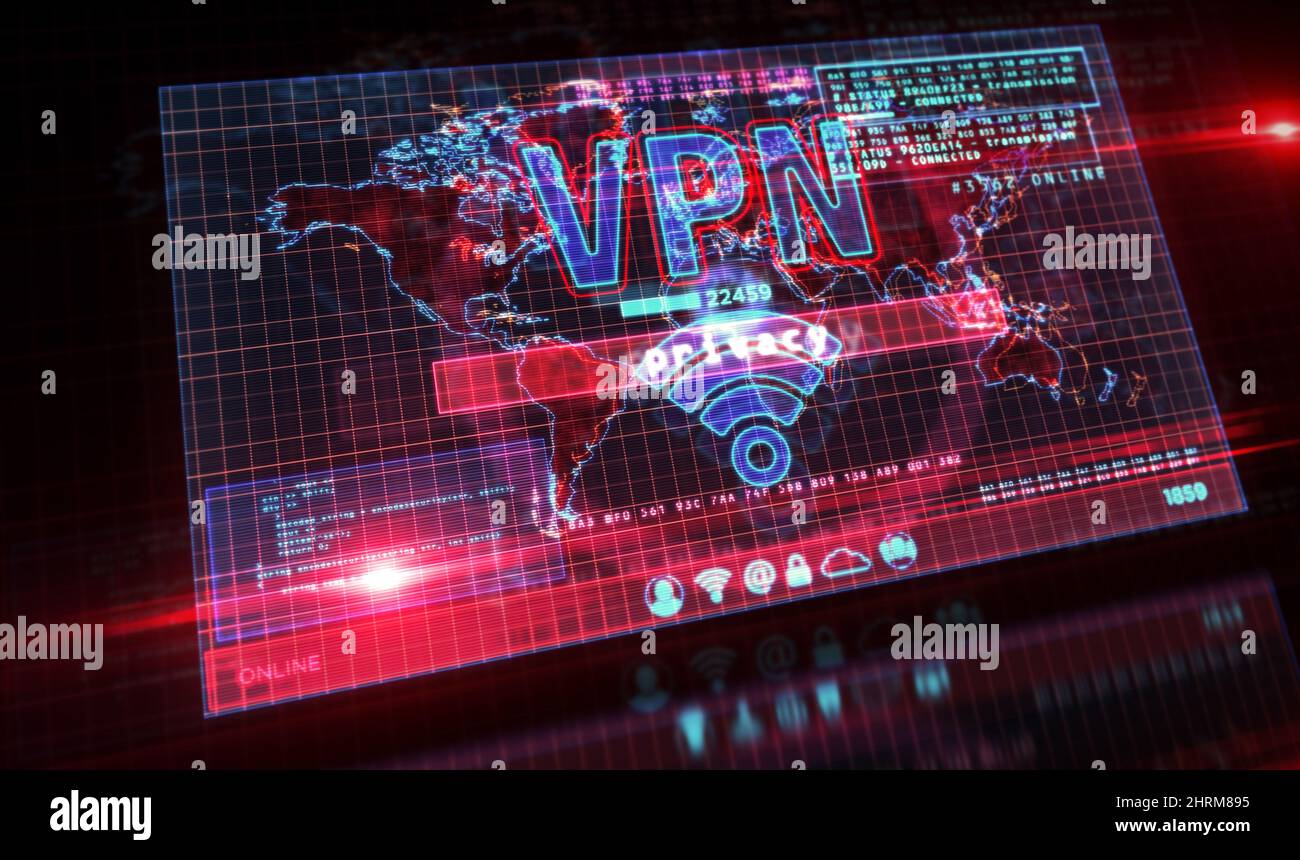VPN auf dem Computerbildschirm. VPN, virtuelles privates Netzwerk und verschlüsselter Verbindungstunnel Abstract Concept 3D Illustration. Stockfoto