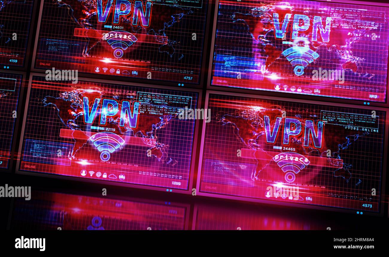 VPN auf dem Computerbildschirm. VPN, virtuelles privates Netzwerk und verschlüsselter Verbindungstunnel Abstract Concept 3D Illustration. Stockfoto