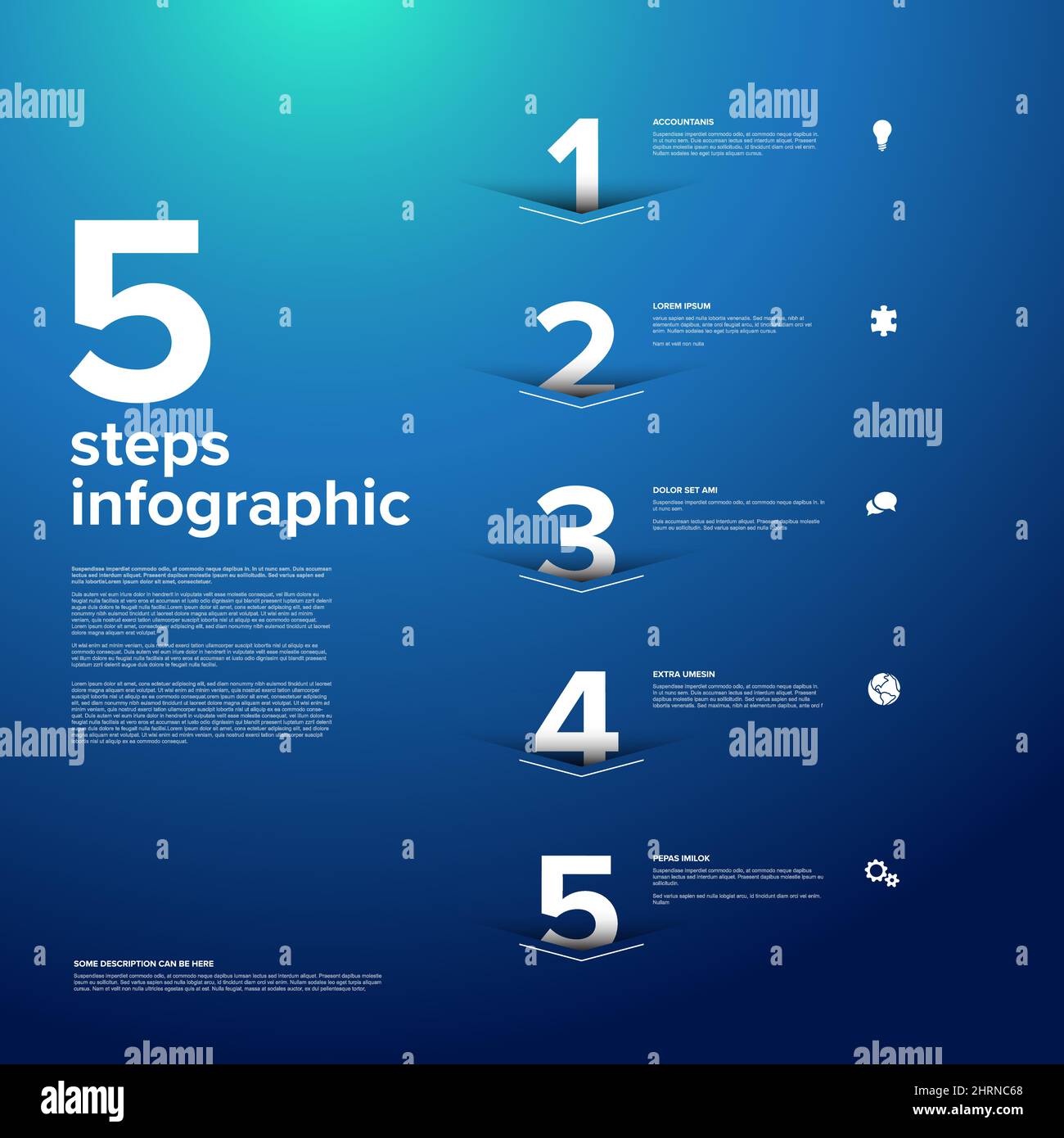 Vector Blue fünf vertikale Schritte Fortschrittsvorlage mit großen Pfeilen und Zahlen mit tiefen Schatten aus dem Papier geschnitten, Beschreibungen und Symbole. Blaue Version Stock Vektor