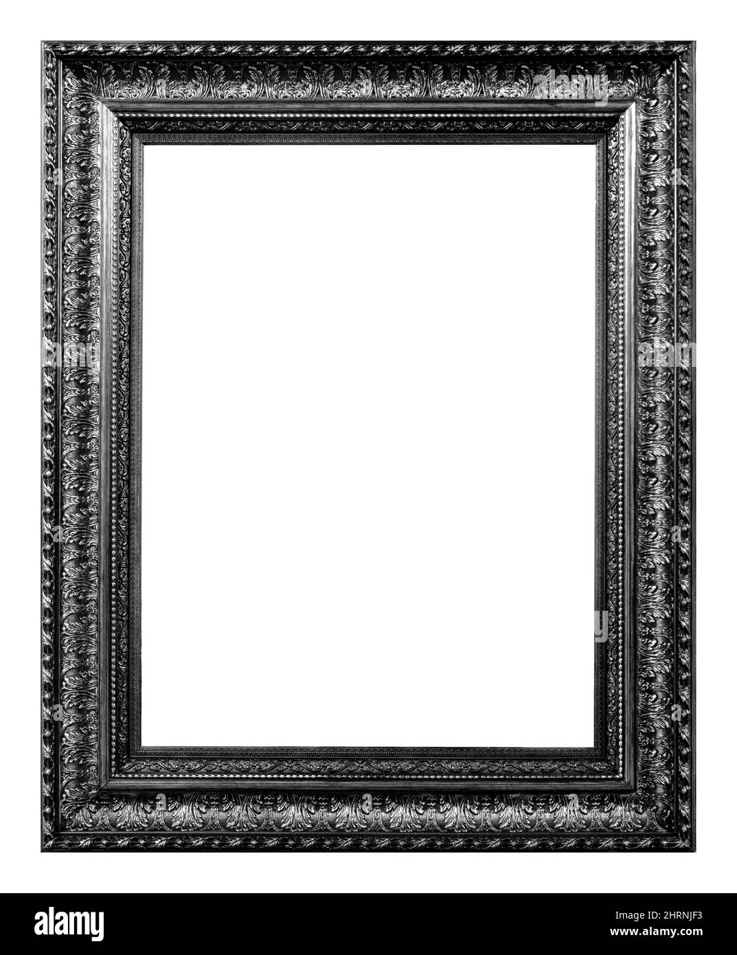 Antiker schwarzer und silberner Holzrahmen isoliert auf weißem Hintergrund. Vintage-Stil. Stockfoto