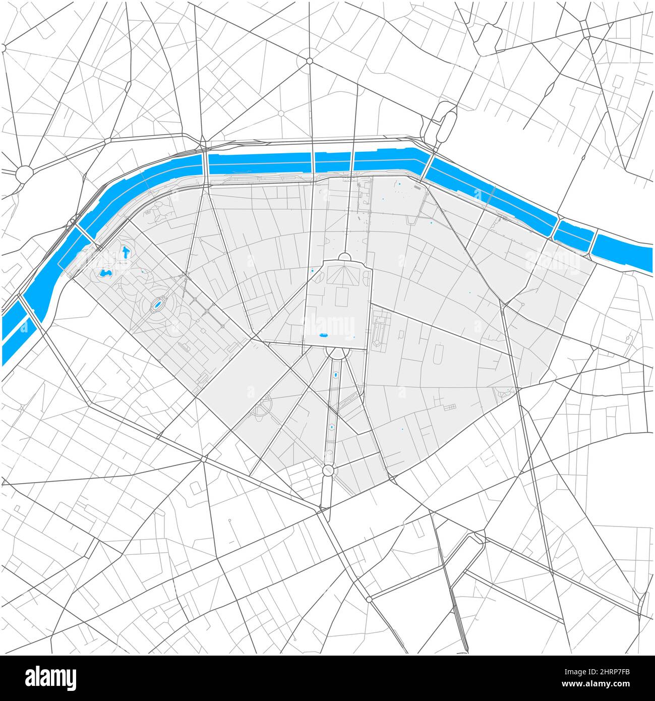 7. Arrondissement, Paris, FRANKREICH, detailreiche Vektorkarte mit Stadtgrenzen und bearbeitbaren Pfaden. Weiße Umrisse für Hauptstraßen. Viele kleinere Wege. Stock Vektor