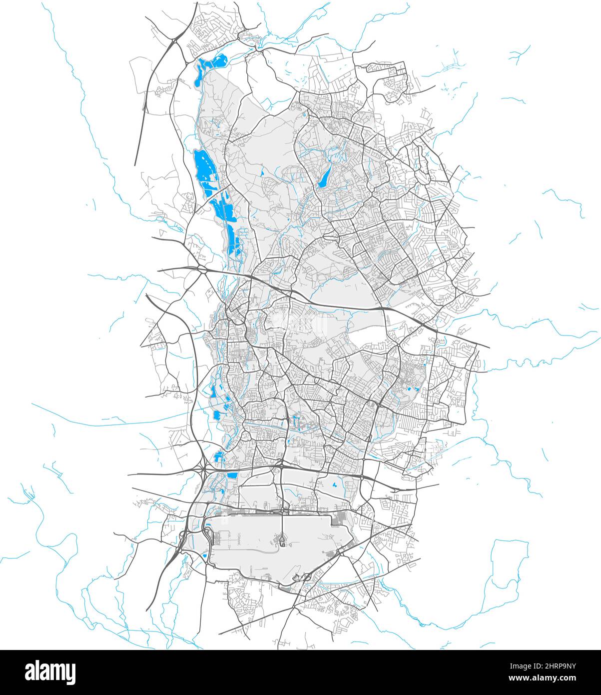 Hillingdon, Greater London, Großbritannien, Vektorkarte mit hoher Detailtiefe und Stadtgrenzen sowie bearbeitbaren Pfaden. Weiße Umrisse für Hauptstraßen. Viele kleine Stock Vektor